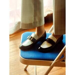 NONETHELESS Black & White Patent Leather Buckle Loafers 36